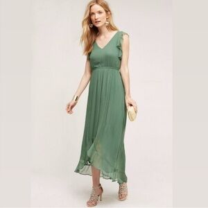 NWT Anthropologie HD in Paris Sidra Green Midi High Low Ruffled Dress Size 6P
